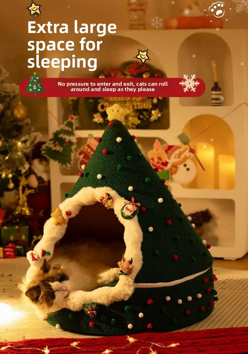 ZHAYA DIY Christmas Tree Cat House Winter Warm Semi Enclosed Tent Bed Washable Foldable Plush for Cats Dogs Four Seasons Use