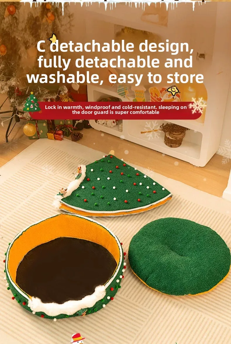 ZHAYA DIY Christmas Tree Cat House Winter Warm Semi Enclosed Tent Bed Washable Foldable Plush for Cats Dogs Four Seasons Use
