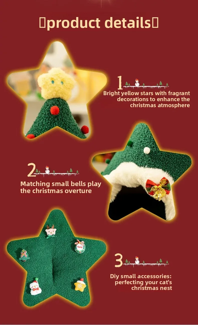 ZHAYA DIY Christmas Tree Cat House Winter Warm Semi Enclosed Tent Bed Washable Foldable Plush for Cats Dogs Four Seasons Use