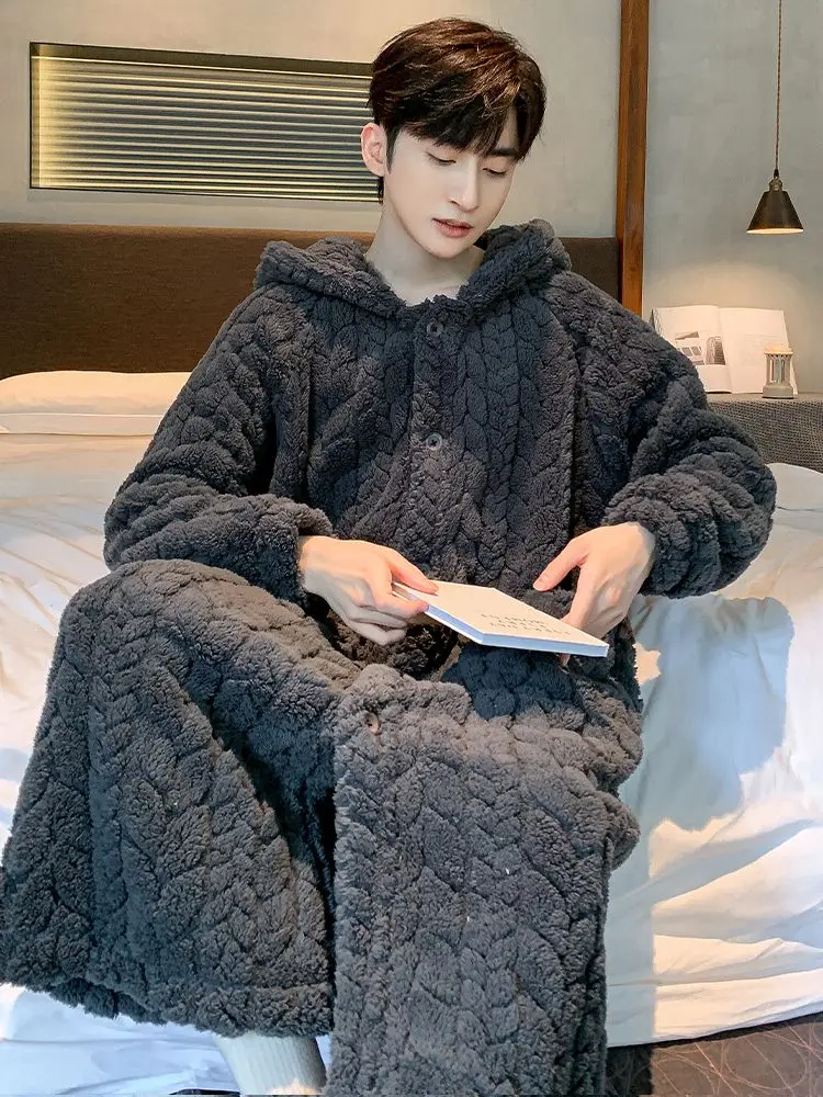 Hooded Robe for Men Sleepwear Bathrobe Winter Night Wears Warm Fleece Pajama Button One Piece Nightgown Pocket Homewear 2026 New