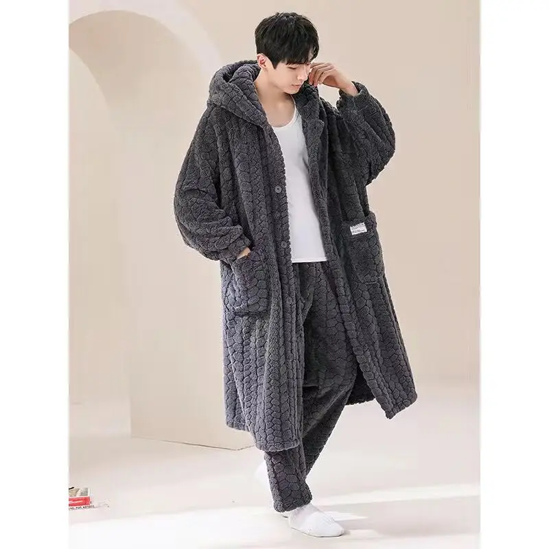 Hooded Robe for Men Sleepwear Bathrobe Winter Night Wears Warm Fleece Pajama Button One Piece Nightgown Pocket Homewear 2026 New