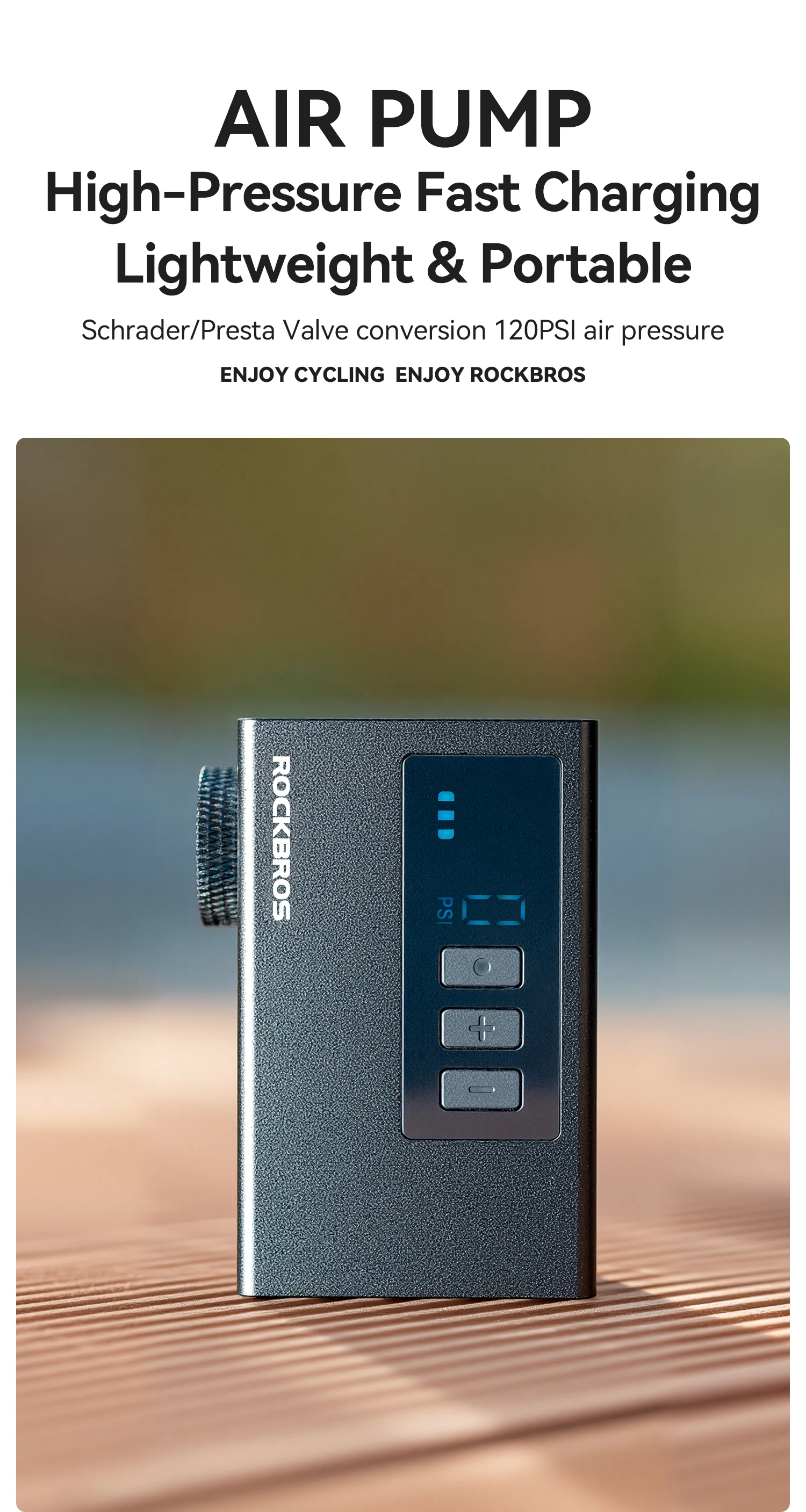 ROCKBROS 120 PSI Electric Pump Portable Bike Air Rechargeable Tire Inflator Pump 420mAh Aluminum alloy with Digital Display Pump