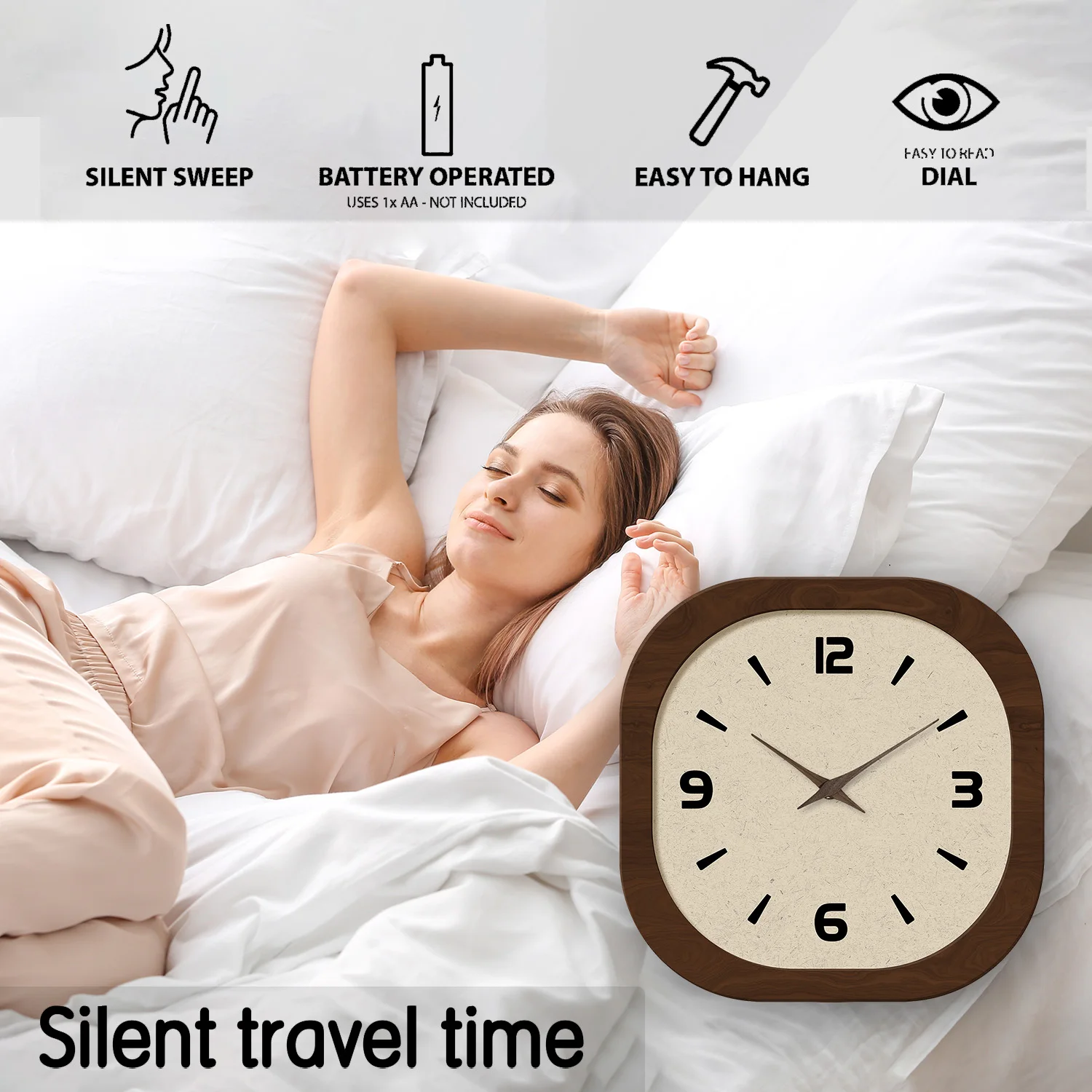 French-Style Retro Cream Crystal Porcelain Square-Shaped Simple Pattern Wooden Wall Clock for Living Room, Bedroom, Kitchen, Home Decoration, Silent Quartz Clock, Holiday Gift, 12 Inches 14inch 16inch (Battery Not Included)