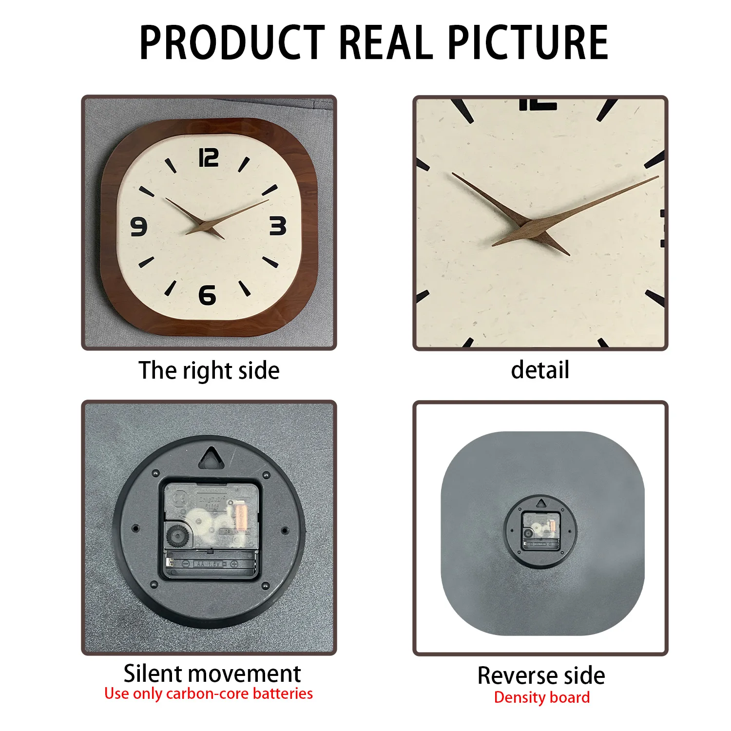 French-Style Retro Cream Crystal Porcelain Square-Shaped Simple Pattern Wooden Wall Clock for Living Room, Bedroom, Kitchen, Home Decoration, Silent Quartz Clock, Holiday Gift, 12 Inches 14inch 16inch (Battery Not Included)