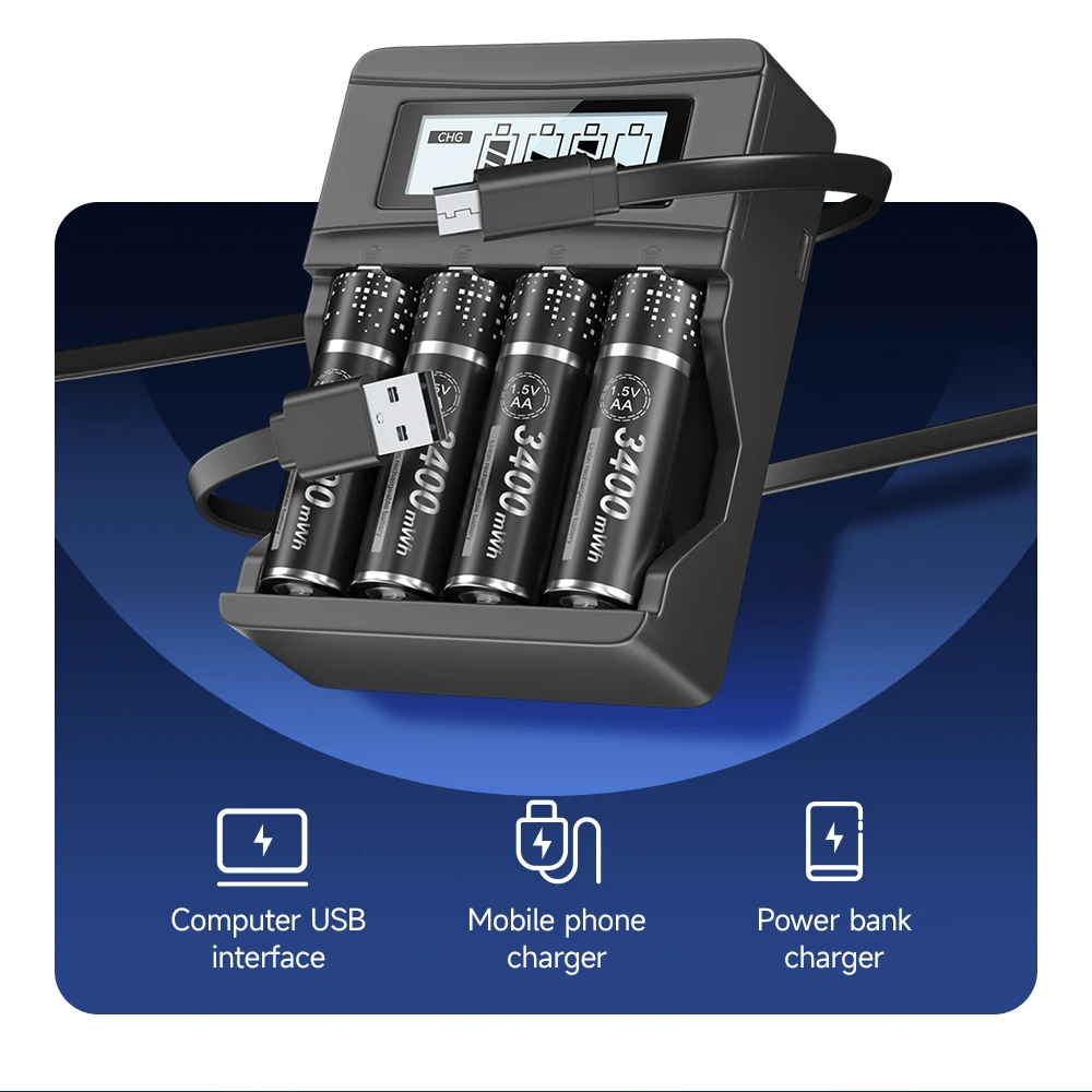 PALO 1.5V AA Lithium Rechargeable Battery 3400mWh Long-Lasting Black Li-ion 2A Batteries for High-Performance Devices