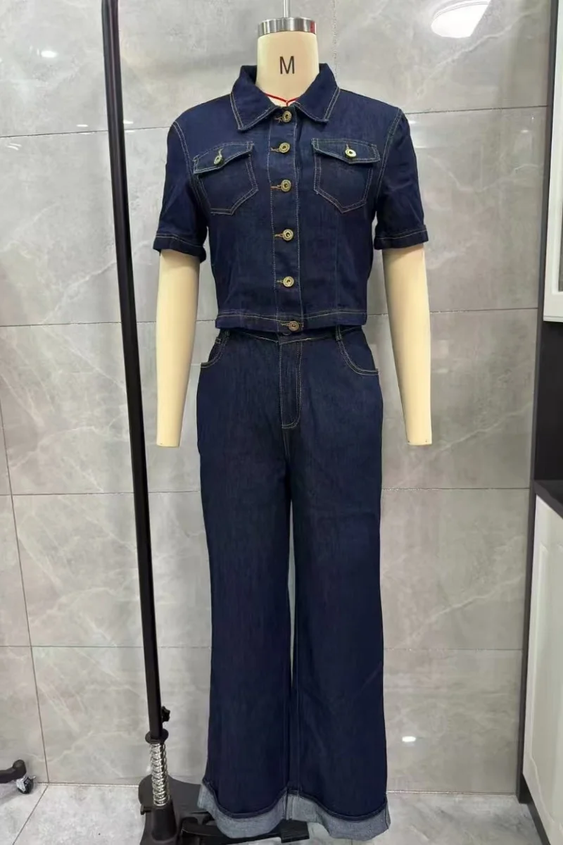 Fashion Denim 2 Piece Sets Women Outfits Summer Clothing Women 2026 Half Sleeve Top Straight Jeans Pants Suits Cowboy Woman Sets