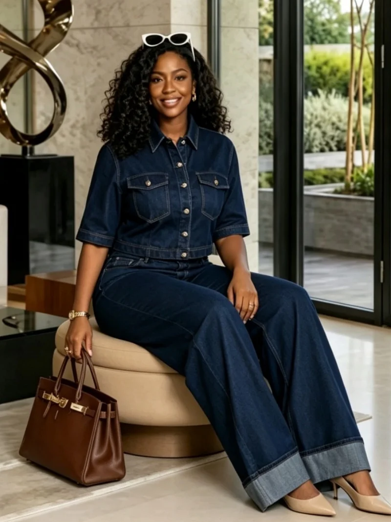 Fashion Denim 2 Piece Sets Women Outfits Summer Clothing Women 2026 Half Sleeve Top Straight Jeans Pants Suits Cowboy Woman Sets