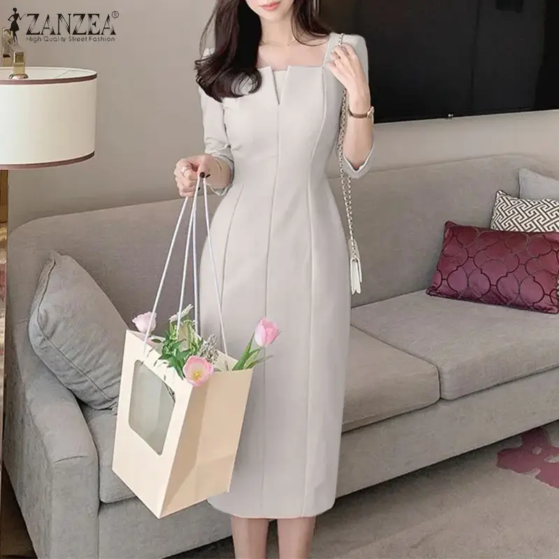 ZANZEA Elegant Women Slim Knee-length Dress Fashion Square Neck 3/4 Sleeve Seamed Party Vestidos Casual Commute Solid Short Robe