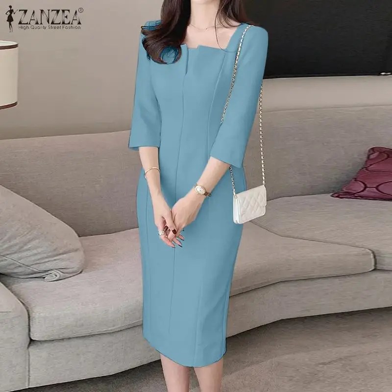 ZANZEA Elegant Women Slim Knee-length Dress Fashion Square Neck 3/4 Sleeve Seamed Party Vestidos Casual Commute Solid Short Robe