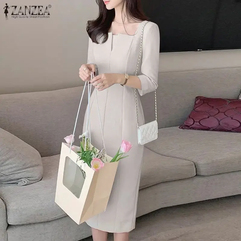 ZANZEA Elegant Women Slim Knee-length Dress Fashion Square Neck 3/4 Sleeve Seamed Party Vestidos Casual Commute Solid Short Robe