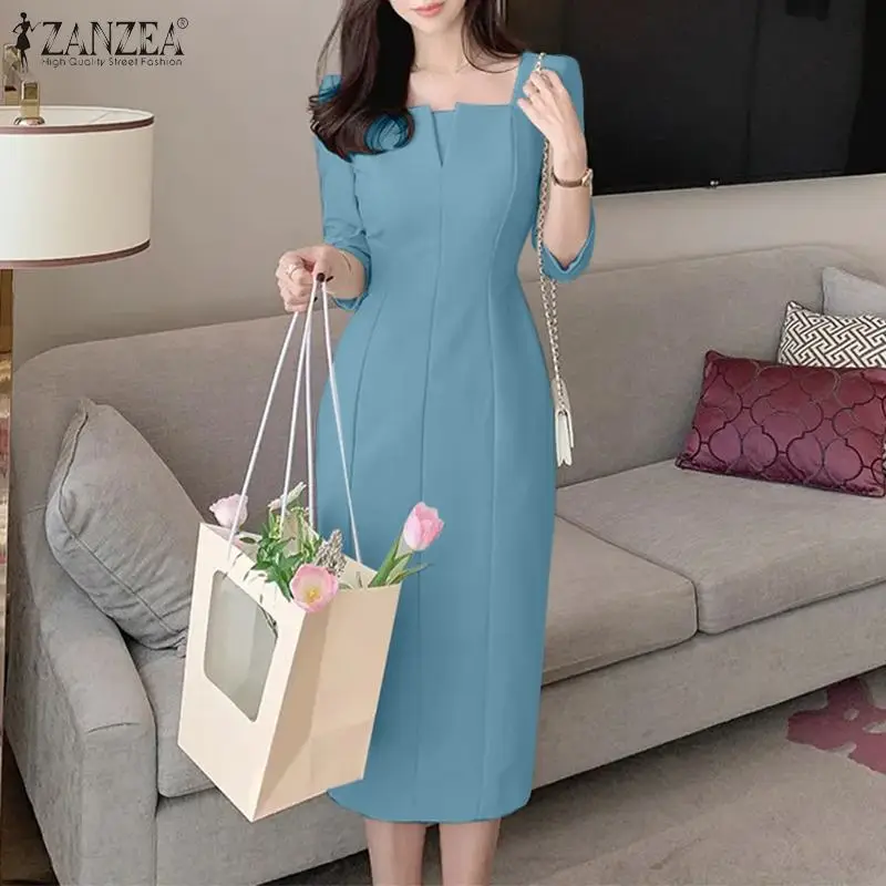 ZANZEA Elegant Women Slim Knee-length Dress Fashion Square Neck 3/4 Sleeve Seamed Party Vestidos Casual Commute Solid Short Robe