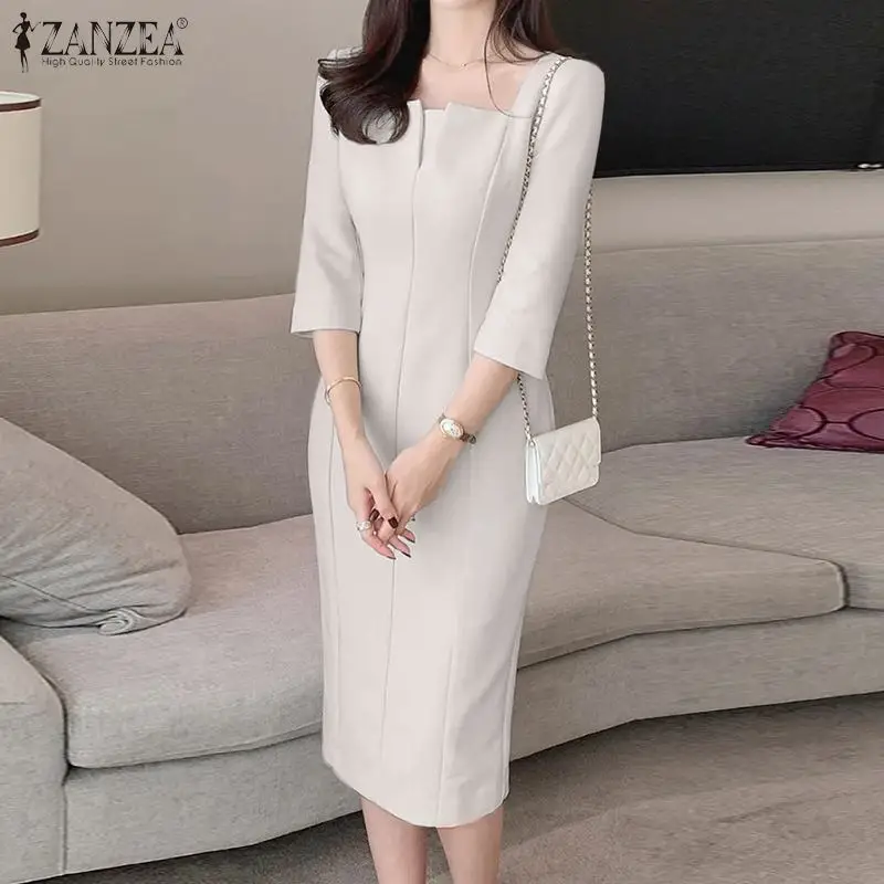 ZANZEA Elegant Women Slim Knee-length Dress Fashion Square Neck 3/4 Sleeve Seamed Party Vestidos Casual Commute Solid Short Robe