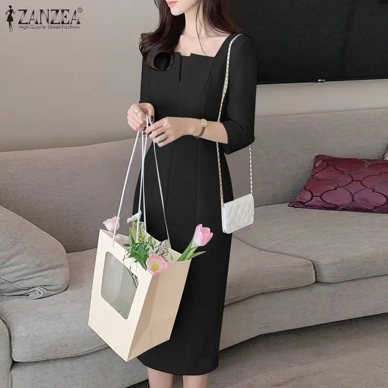 ZANZEA Elegant Women Slim Knee-length Dress Fashion Square Neck 3/4 Sleeve Seamed Party Vestidos Casual Commute Solid Short Robe