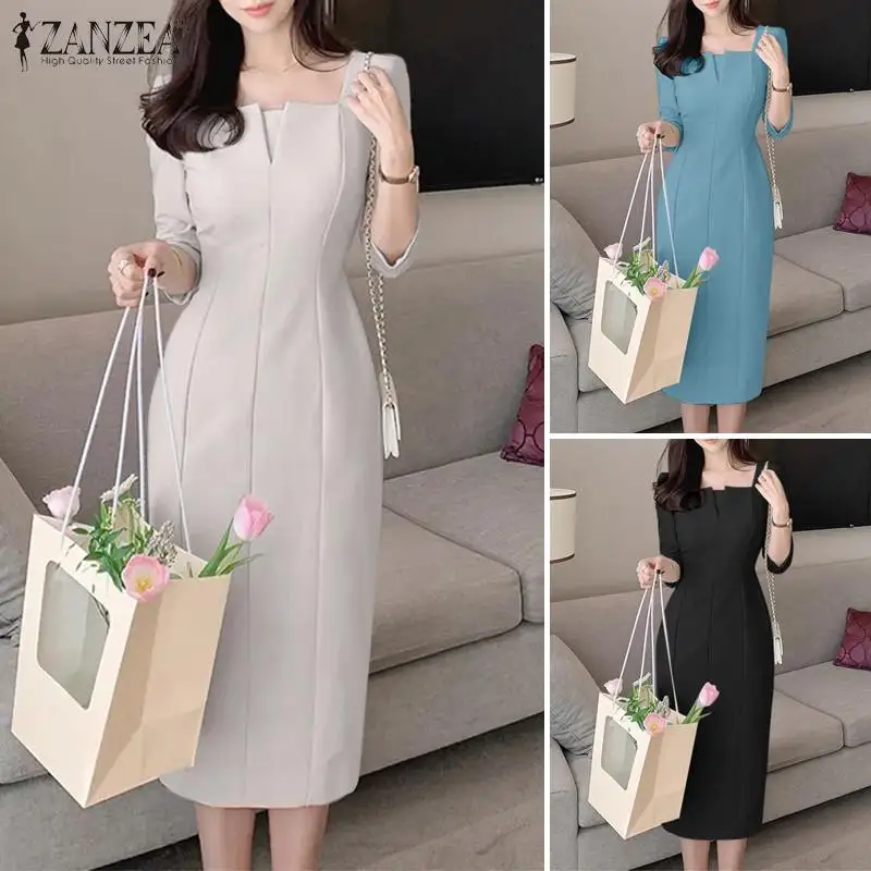 ZANZEA Elegant Women Slim Knee-length Dress Fashion Square Neck 3/4 Sleeve Seamed Party Vestidos Casual Commute Solid Short Robe