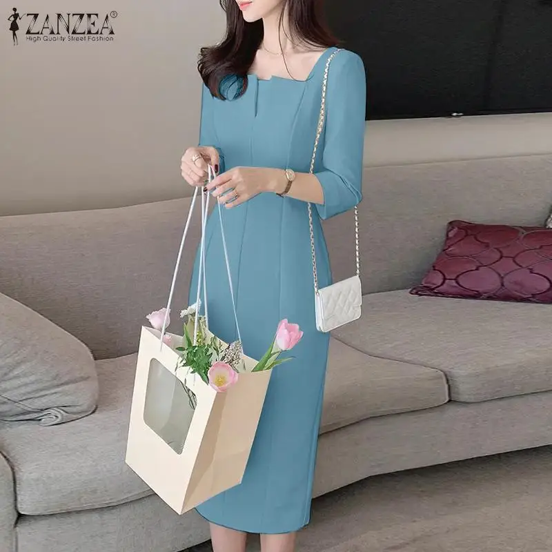 ZANZEA Elegant Women Slim Knee-length Dress Fashion Square Neck 3/4 Sleeve Seamed Party Vestidos Casual Commute Solid Short Robe