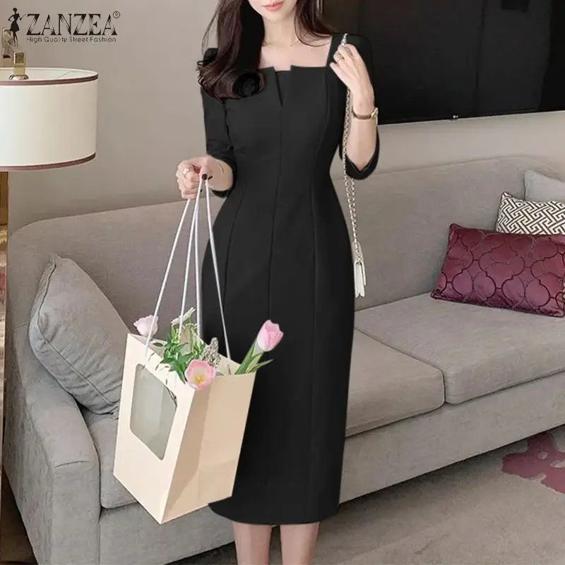 ZANZEA Elegant Women Slim Knee-length Dress Fashion Square Neck 3/4 Sleeve Seamed Party Vestidos Casual Commute Solid Short Robe