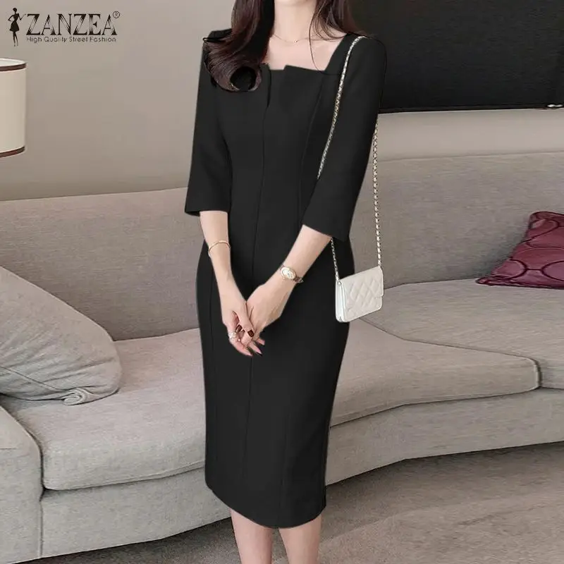 ZANZEA Elegant Women Slim Knee-length Dress Fashion Square Neck 3/4 Sleeve Seamed Party Vestidos Casual Commute Solid Short Robe