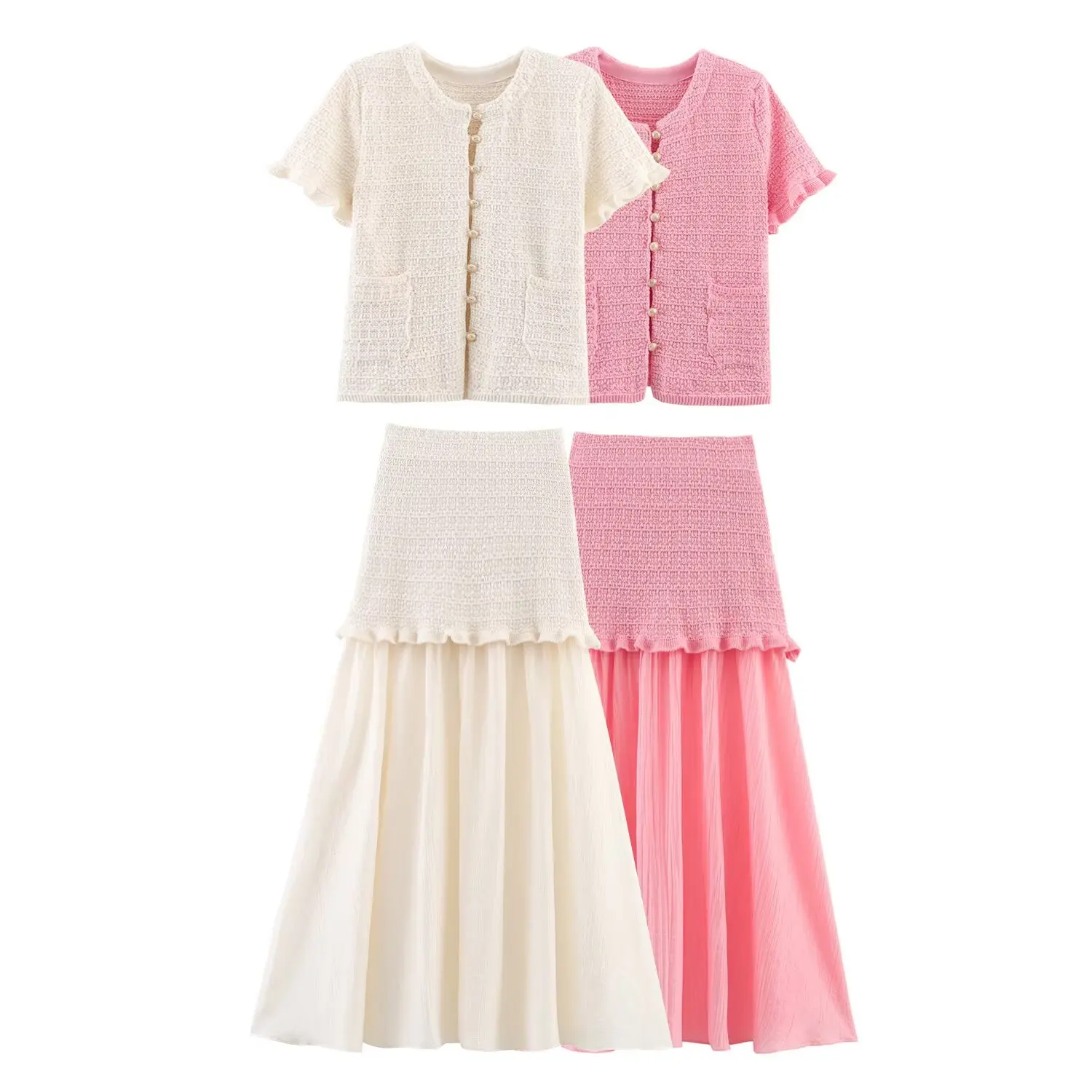 HH Women Casual Knitted Tank Top Pleated Skirt Sets Single Breasted Short Sleeve O Neck T-Shirt Slim Patchwork Skirt Outfit