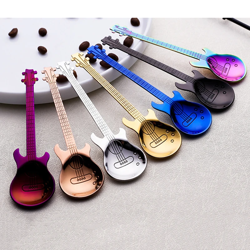 1pcs Stainless Steel Guitar Shaped Love Coffee Spoon Teaspoon Children Spoon New Beautiful 7 Colors Coffee Tea Use Kitchen Spoon