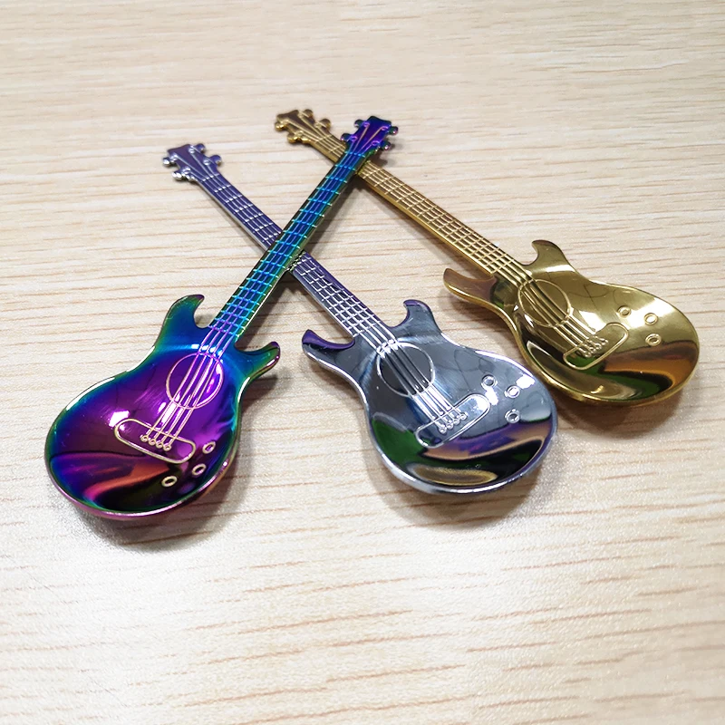 1pcs Stainless Steel Guitar Shaped Love Coffee Spoon Teaspoon Children Spoon New Beautiful 7 Colors Coffee Tea Use Kitchen Spoon