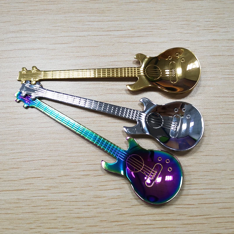 1pcs Stainless Steel Guitar Shaped Love Coffee Spoon Teaspoon Children Spoon New Beautiful 7 Colors Coffee Tea Use Kitchen Spoon