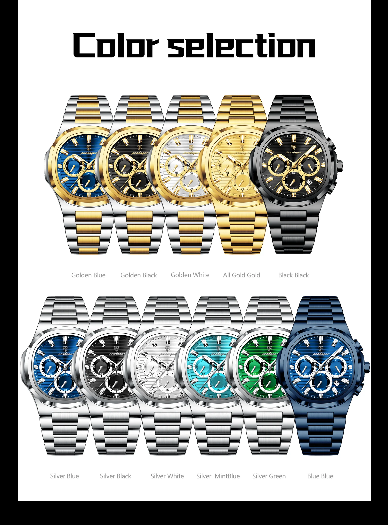 POEDAGAR Business Man Wristwatch Date Chronograph Waterproof Luminous Luxury Men Watch Stainless Steel Quartz Men's Watches Male