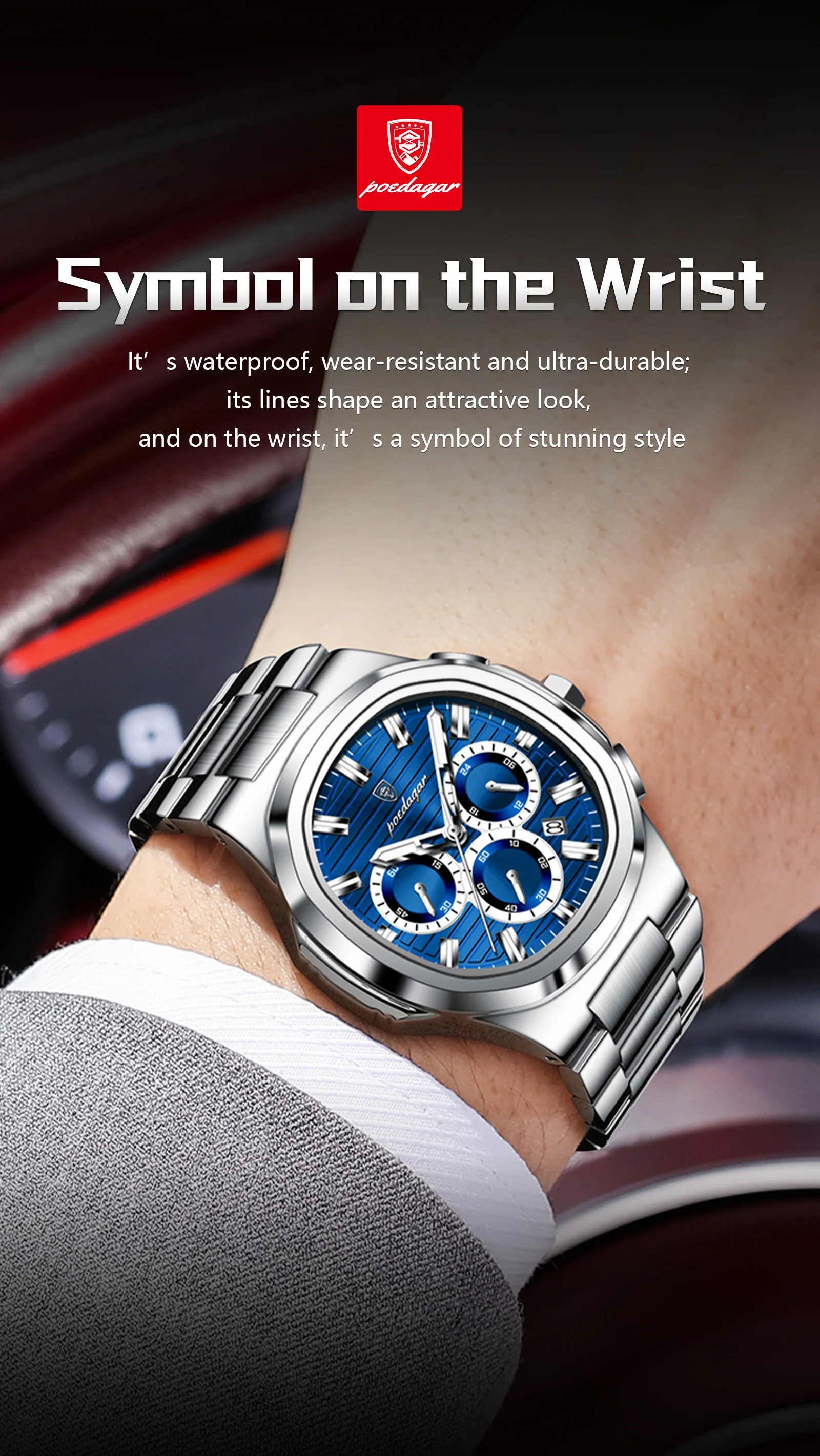 POEDAGAR Business Man Wristwatch Date Chronograph Waterproof Luminous Luxury Men Watch Stainless Steel Quartz Men's Watches Male