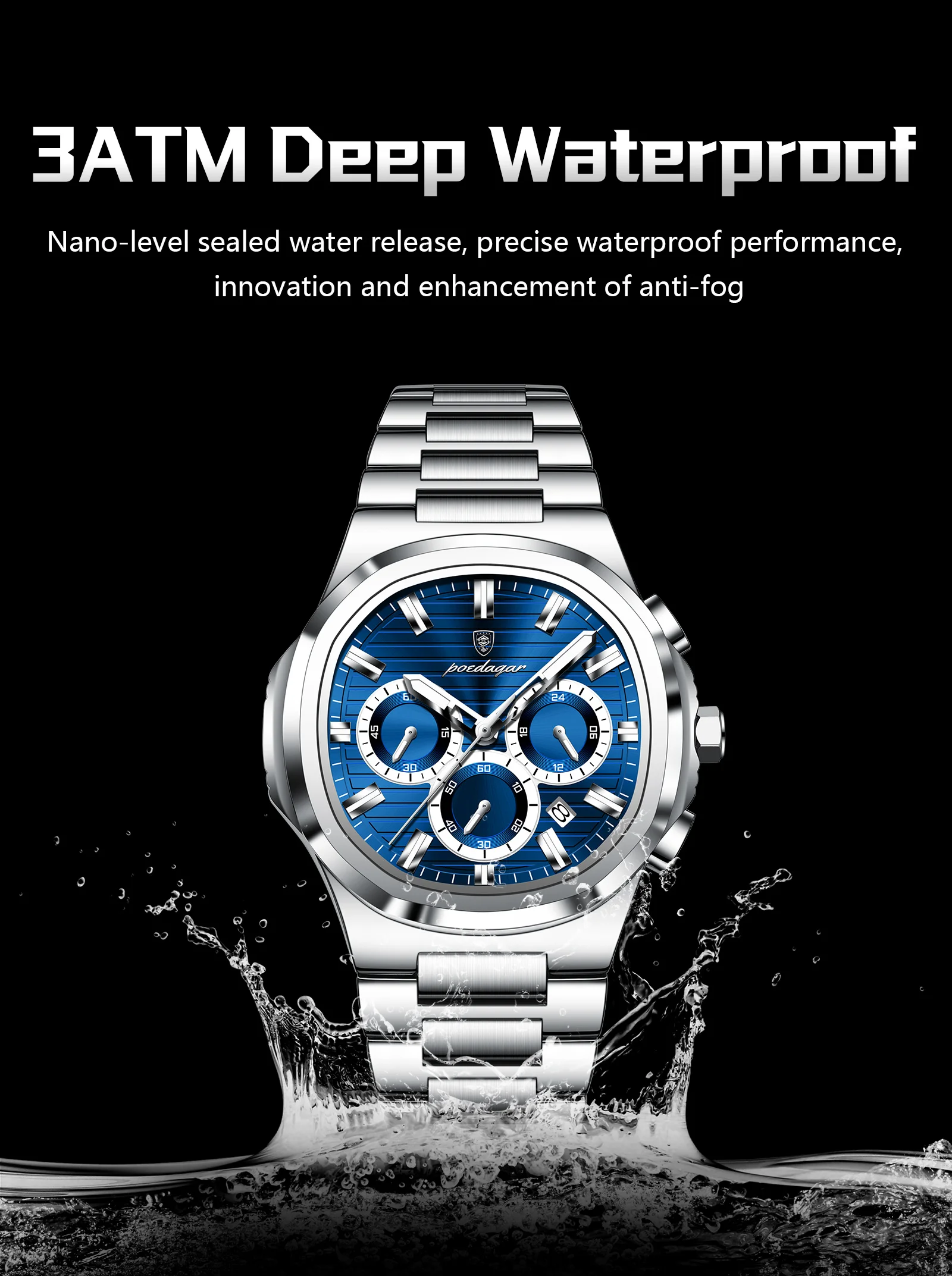POEDAGAR Business Man Wristwatch Date Chronograph Waterproof Luminous Luxury Men Watch Stainless Steel Quartz Men's Watches Male