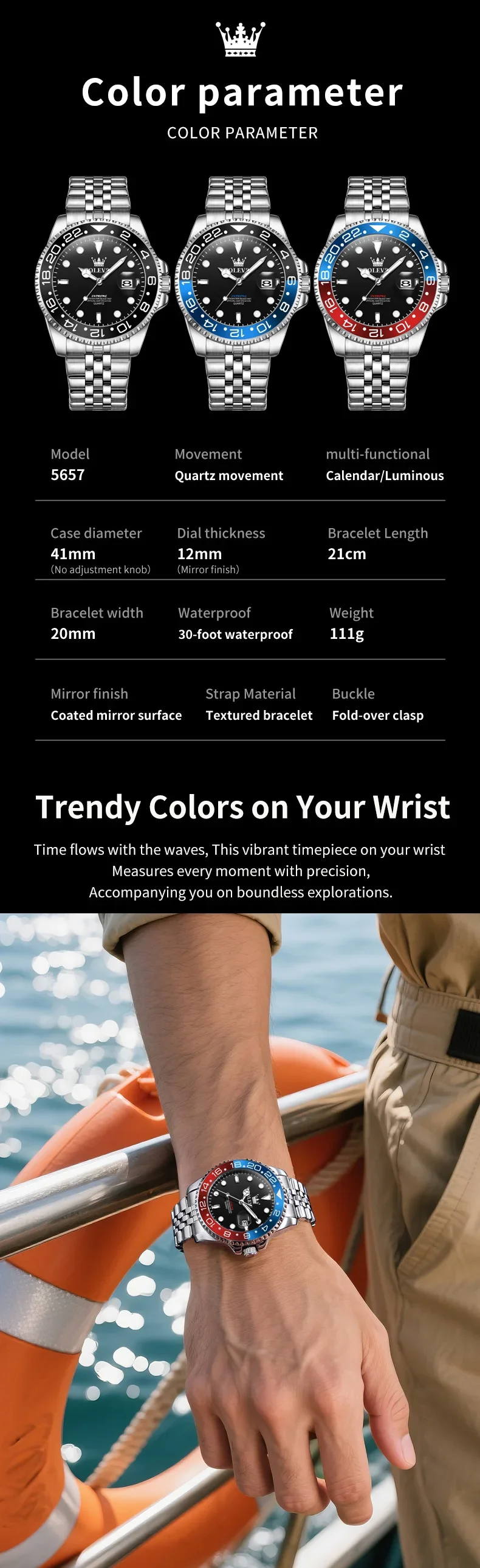 OLEVS 5657 Mens Watch Calendar Quartz Wristwatch 30M Waterproof Luminous Business Men's Hand Clock Watches Men