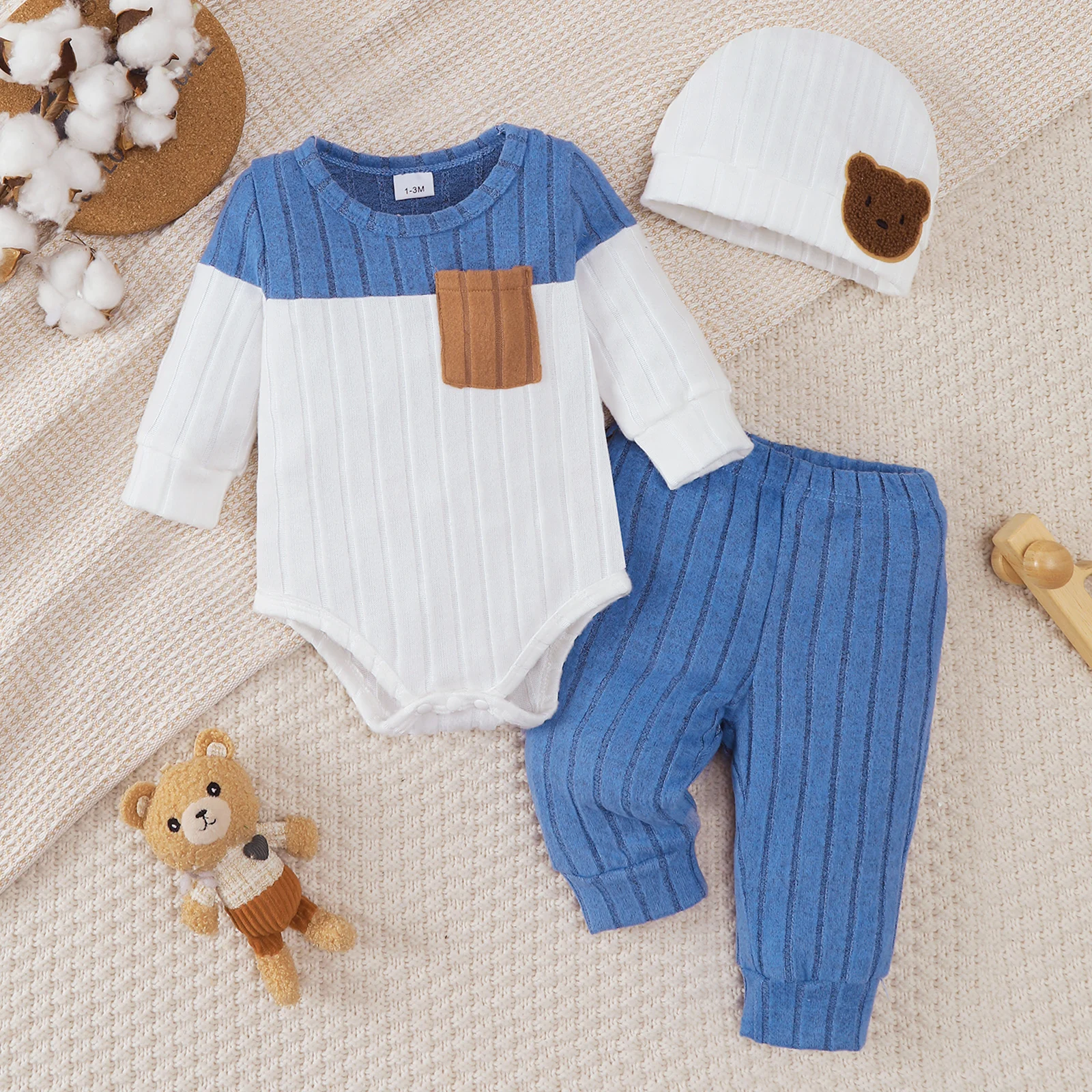 3Pcs/Set of Newborn Baby Boy Color Blocked Long Sleeved Bodysuit+Pants+Cute Hat Set 0-18 Months Baby Boy Spring and Autumn Set