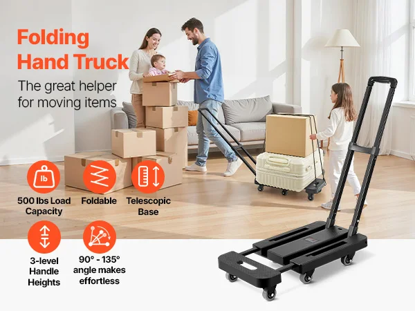 SucceBuy Folding Hand Truck 500 lbs Load Capacity Collapsible Luggage Cart with 6 Wheels 2 Elastic Ropes & Expandable Base Black