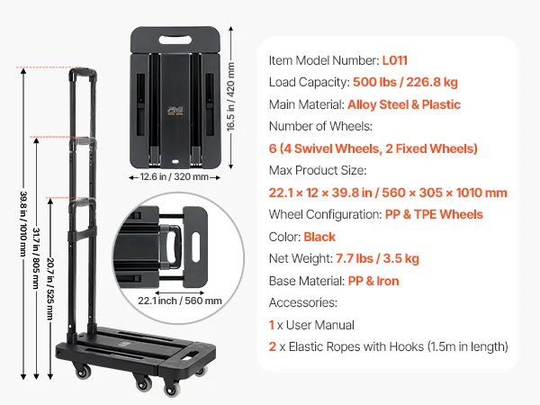 SucceBuy Folding Hand Truck 500 lbs Load Capacity Collapsible Luggage Cart with 6 Wheels 2 Elastic Ropes & Expandable Base Black