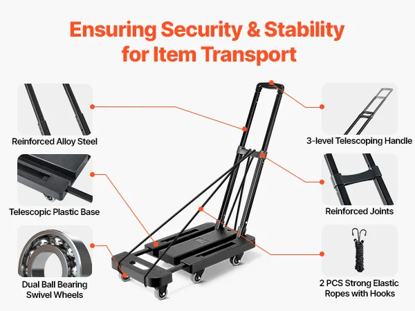SucceBuy Folding Hand Truck 500 lbs Load Capacity Collapsible Luggage Cart with 6 Wheels 2 Elastic Ropes & Expandable Base Black
