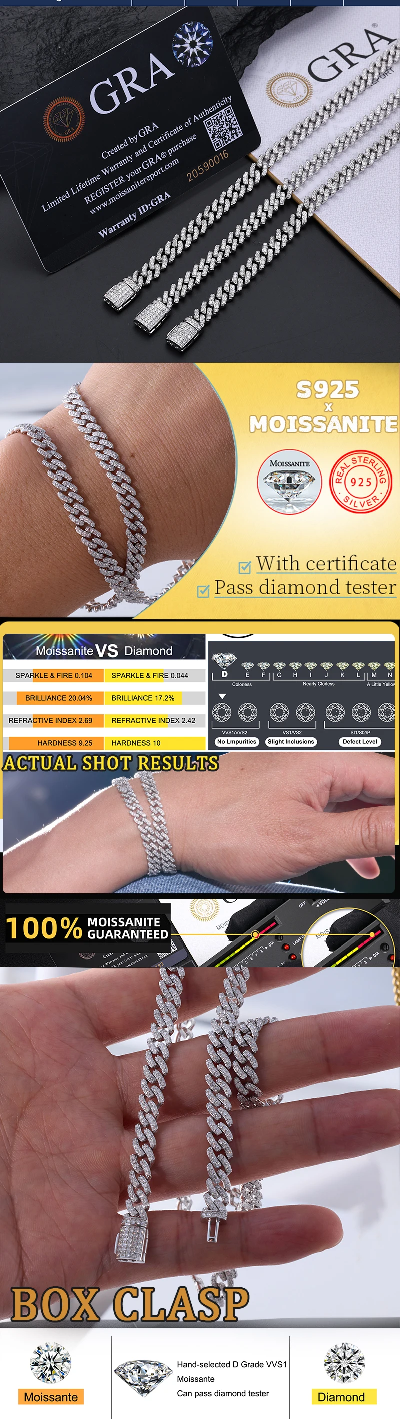 TUHE Unisex VVS1 D Color Moissanite 6mm Cuban Chain Bracelet  S925 Silver For Men Hip Hop Jewelry