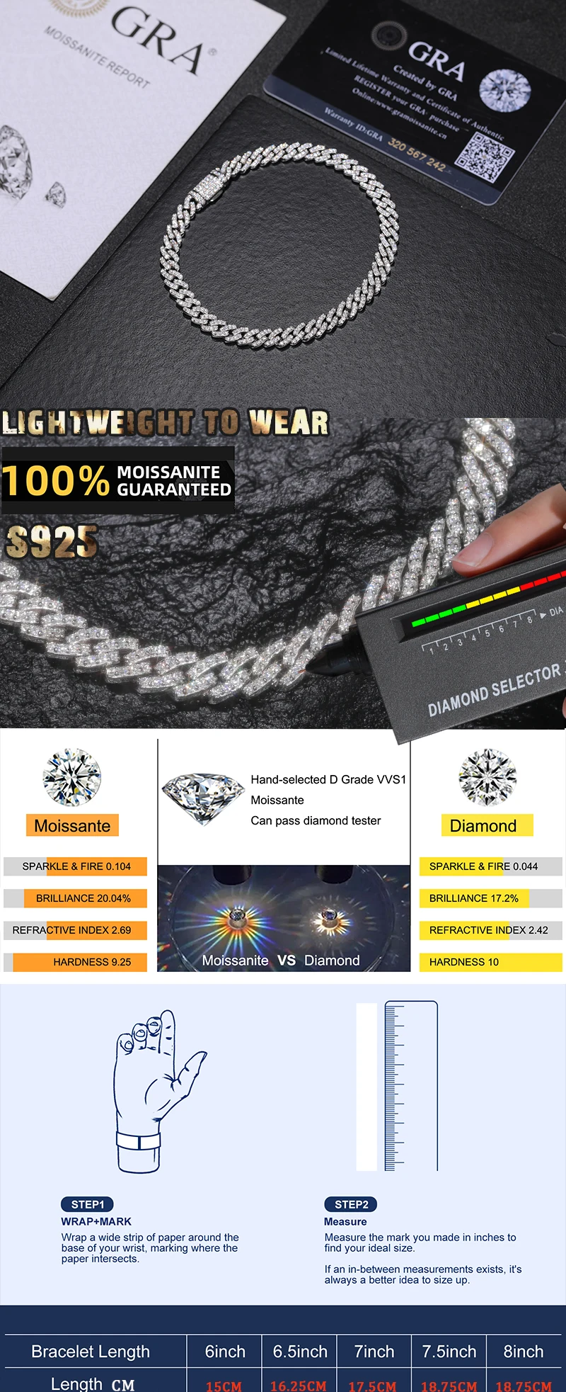 TUHE Unisex VVS1 D Color Moissanite 6mm Cuban Chain Bracelet  S925 Silver For Men Hip Hop Jewelry