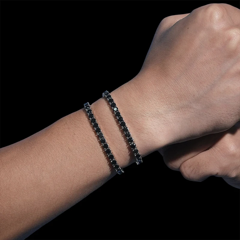 NeeTim Full Black Moissanite Tennis Bracelets for Women Man S925 Sterling Silver with White Gold Plated Hip Hop Bracelet Jewelry