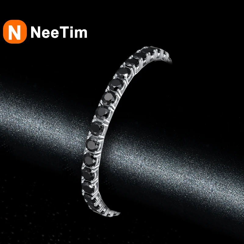 NeeTim Full Black Moissanite Tennis Bracelets for Women Man S925 Sterling Silver with White Gold Plated Hip Hop Bracelet Jewelry