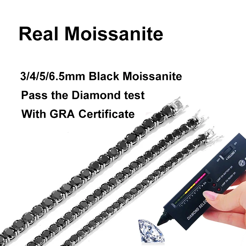 NeeTim Full Black Moissanite Tennis Bracelets for Women Man S925 Sterling Silver with White Gold Plated Hip Hop Bracelet Jewelry
