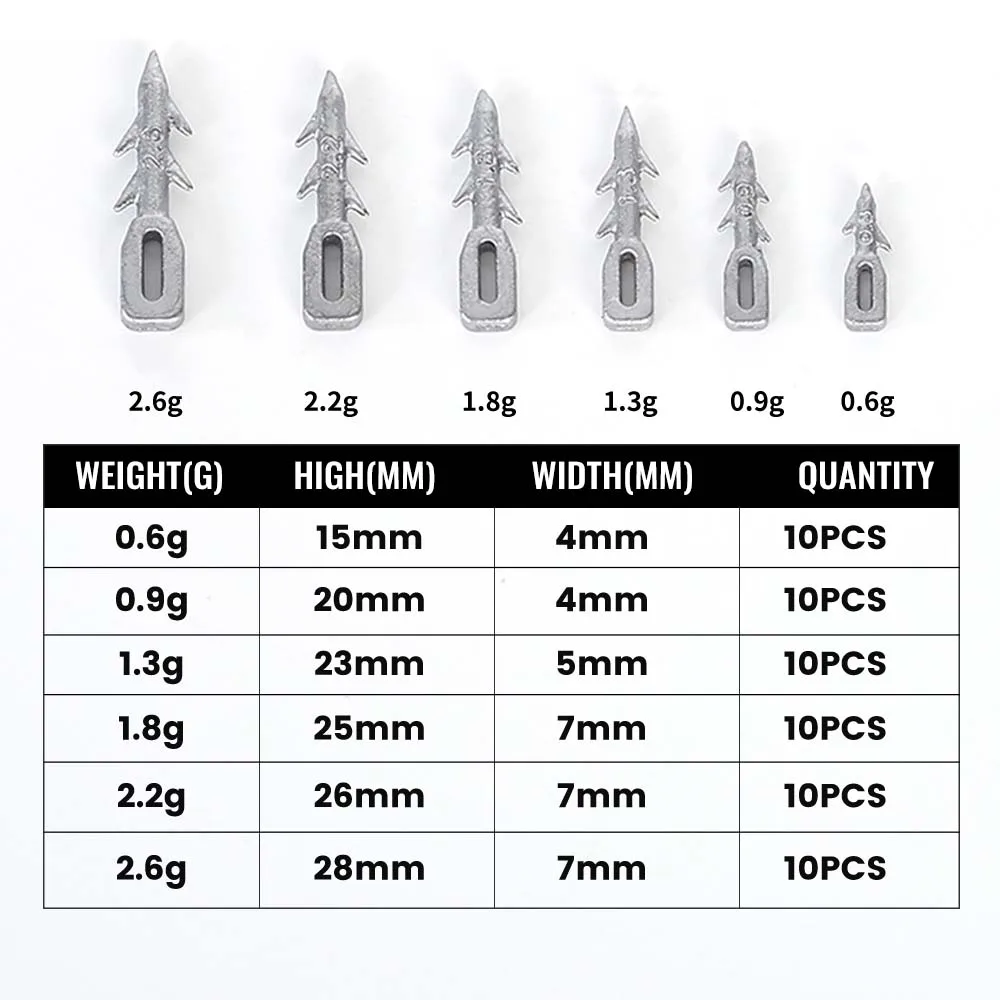 ZUKIBO 10PCS Worm Lure Weight Insert Fishing Sinkers 0.6/0.9/1.3/1.8/2.2/2.6g Nail Sinker Used Carp Fishing Accessories