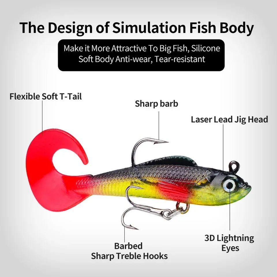 1pc Fishing Lure 75mm 85mm Artificial Sinking Swimbait Curly T Tail Jig Head  Soft Bait Rubber Goods For Bass Pike