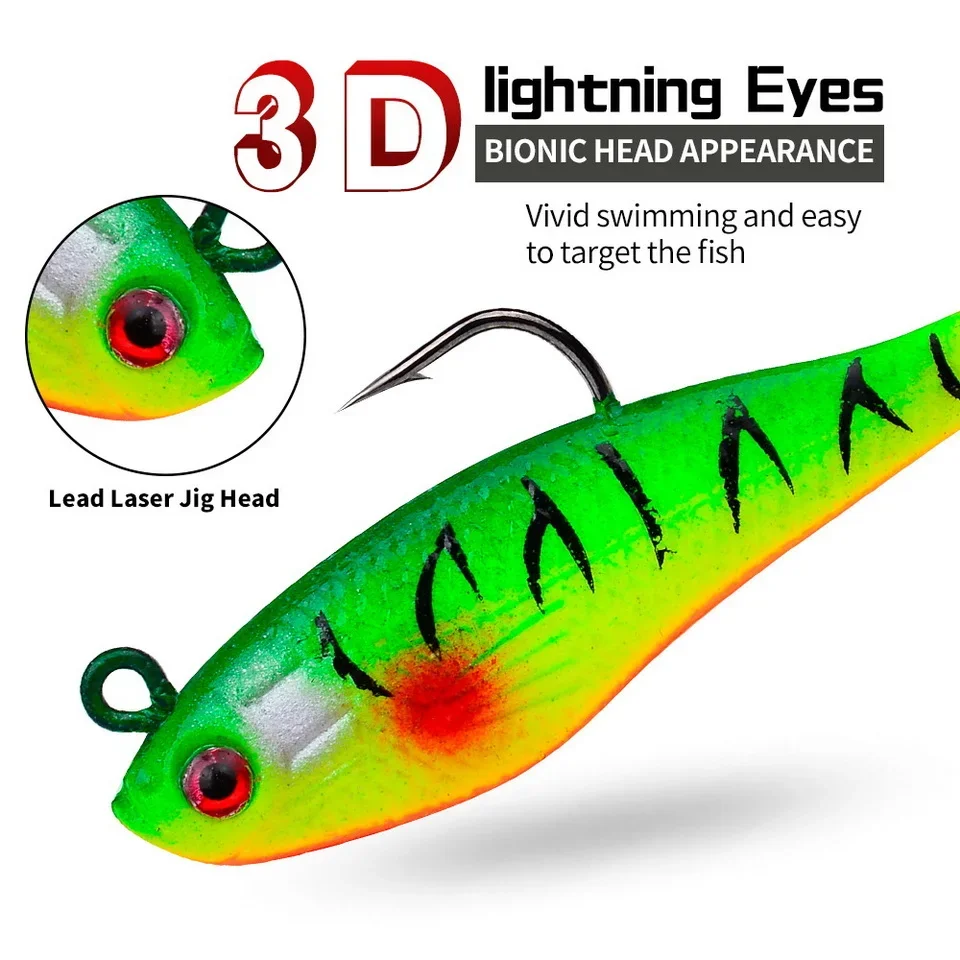 1pc Fishing Lure 75mm 85mm Artificial Sinking Swimbait Curly T Tail Jig Head  Soft Bait Rubber Goods For Bass Pike