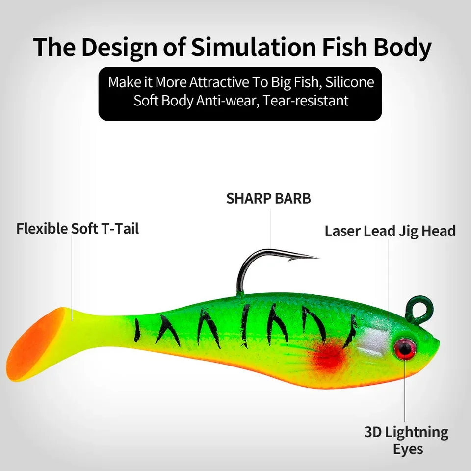 1pc Fishing Lure 75mm 85mm Artificial Sinking Swimbait Curly T Tail Jig Head  Soft Bait Rubber Goods For Bass Pike