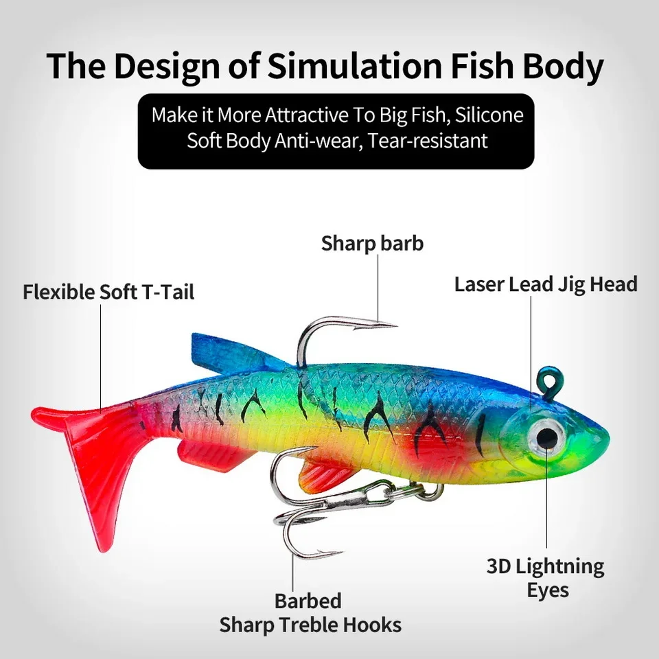 1pc Fishing Lure 75mm 85mm Artificial Sinking Swimbait Curly T Tail Jig Head  Soft Bait Rubber Goods For Bass Pike