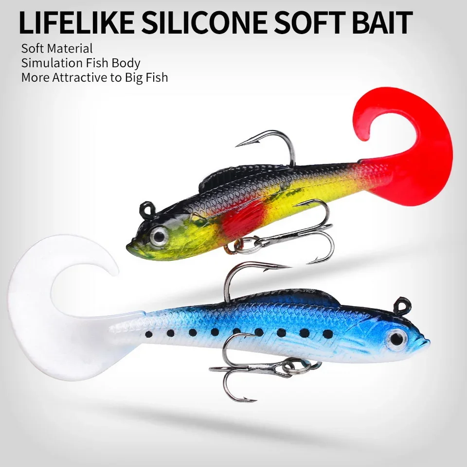1pc Fishing Lure 75mm 85mm Artificial Sinking Swimbait Curly T Tail Jig Head  Soft Bait Rubber Goods For Bass Pike