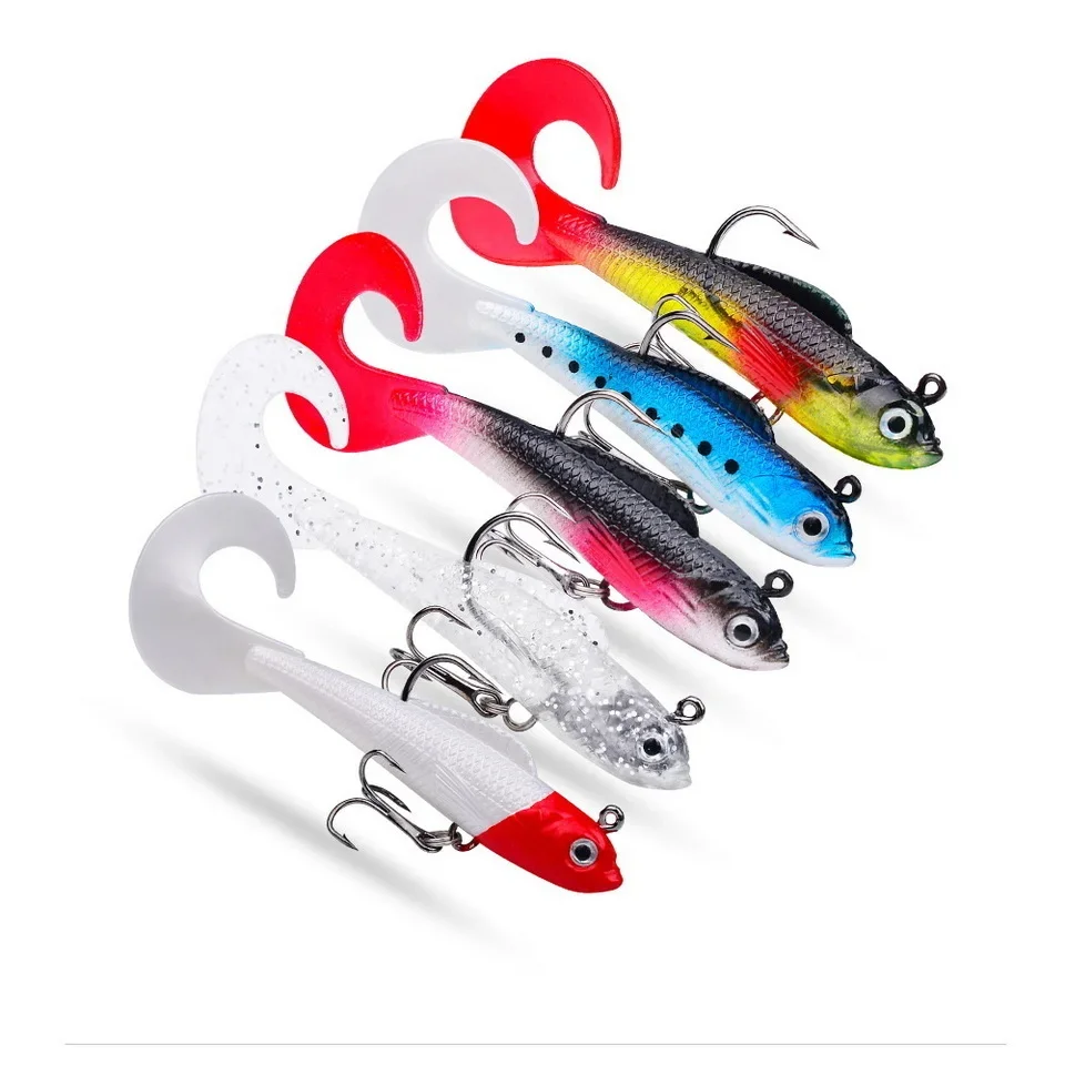 1pc Fishing Lure 75mm 85mm Artificial Sinking Swimbait Curly T Tail Jig Head  Soft Bait Rubber Goods For Bass Pike