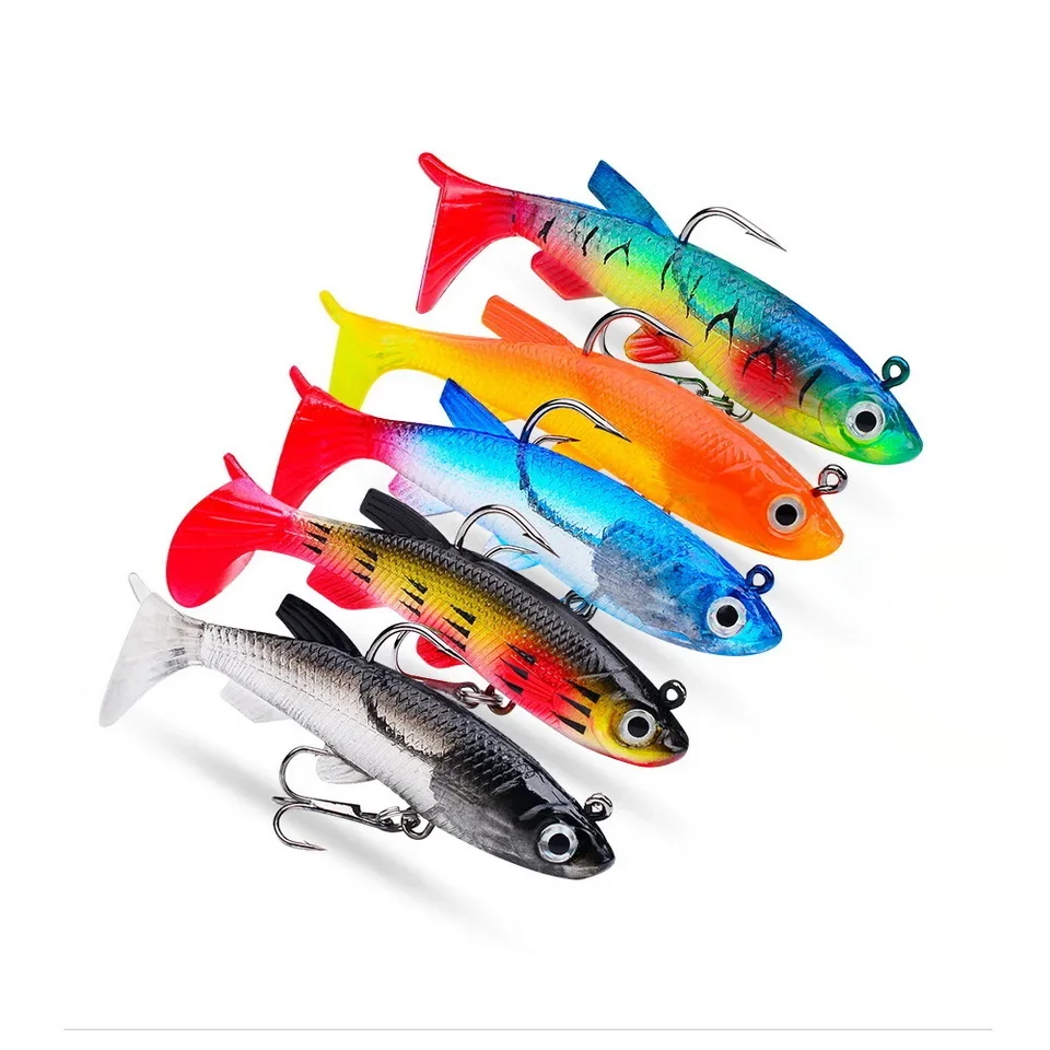 1pc Fishing Lure 75mm 85mm Artificial Sinking Swimbait Curly T Tail Jig Head  Soft Bait Rubber Goods For Bass Pike