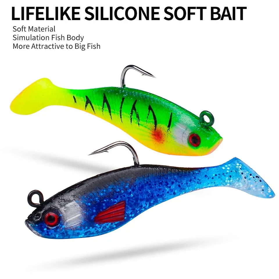 1pc Fishing Lure 75mm 85mm Artificial Sinking Swimbait Curly T Tail Jig Head  Soft Bait Rubber Goods For Bass Pike