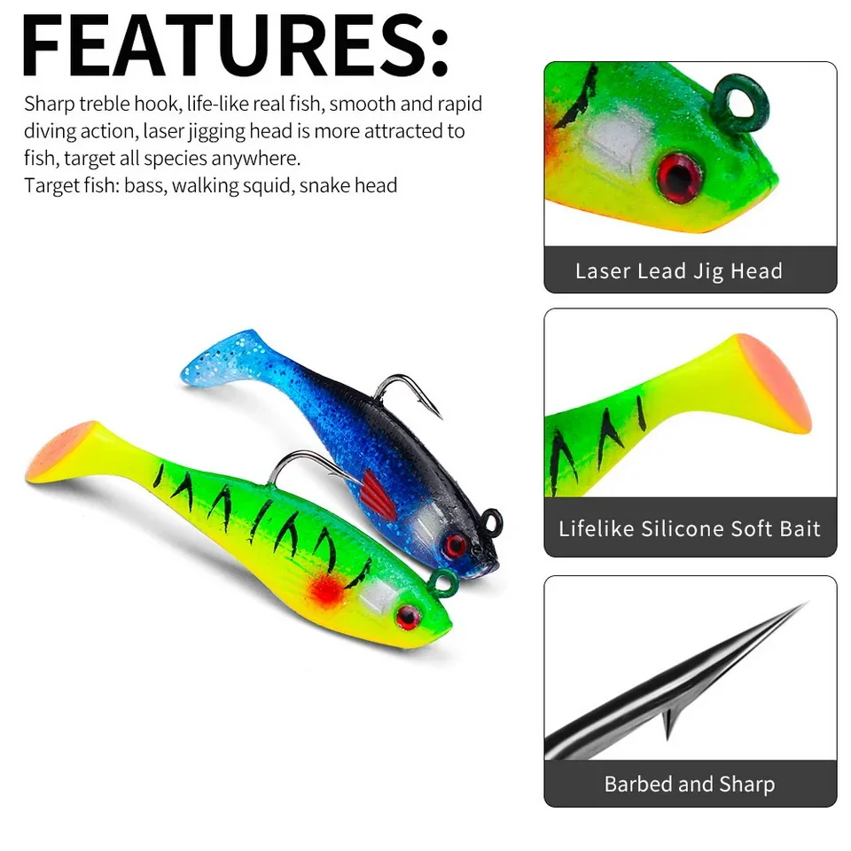 1pc Fishing Lure 75mm 85mm Artificial Sinking Swimbait Curly T Tail Jig Head  Soft Bait Rubber Goods For Bass Pike