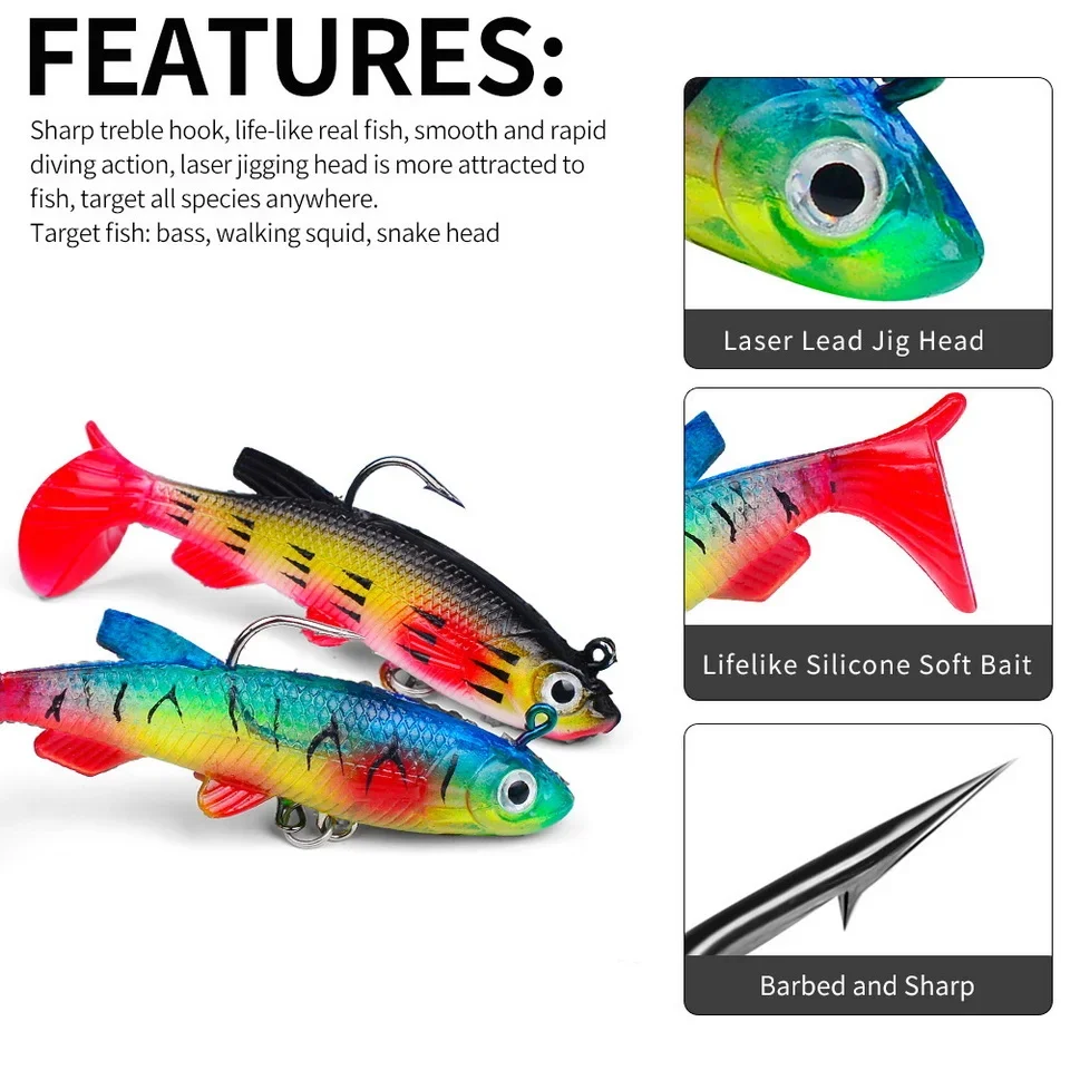1pc Fishing Lure 75mm 85mm Artificial Sinking Swimbait Curly T Tail Jig Head  Soft Bait Rubber Goods For Bass Pike