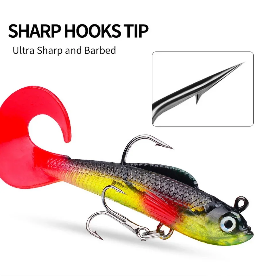 1pc Fishing Lure 75mm 85mm Artificial Sinking Swimbait Curly T Tail Jig Head  Soft Bait Rubber Goods For Bass Pike